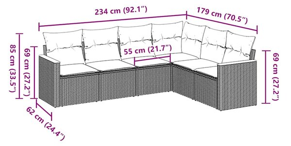 6 részes fekete polyrattan kerti ülőgarnitúra párnákkal