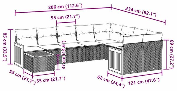 10 részes fekete polyrattan kerti ülőgarnitúra párnákkal