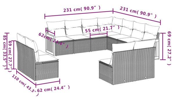 11 részes szürke polyrattan kerti ülőgarnitúra párnákkal