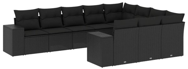 10 részes fekete polyrattan kerti ülőgarnitúra párnákkal