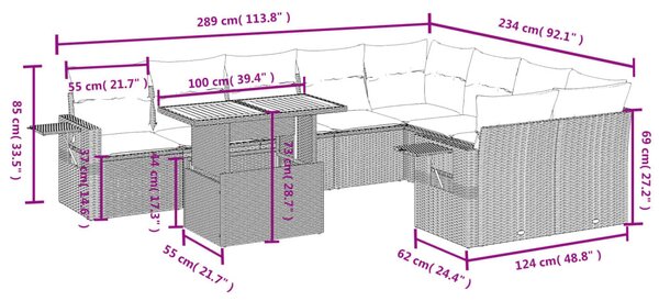 10 részes fekete polyrattan kerti ülőgarnitúra párnákkal
