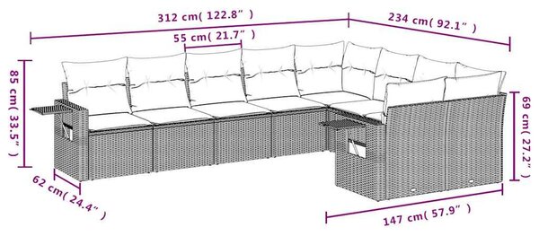 9 részes fekete polyrattan kerti ülőgarnitúra párnákkal