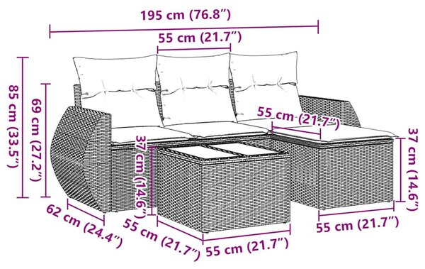 5 részes fekete polyrattan kerti kanapészett párnákkal