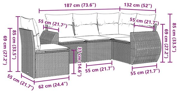 5 részes fekete polyrattan kerti kanapészett párnákkal