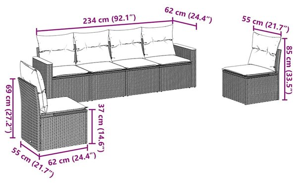 6 részes fekete polyrattan kerti ülőgarnitúra párnákkal