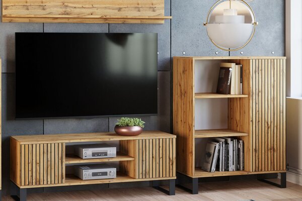 Focus loft RTV szekrény 155 cm - dekor tölgyfa kézműves lamellák