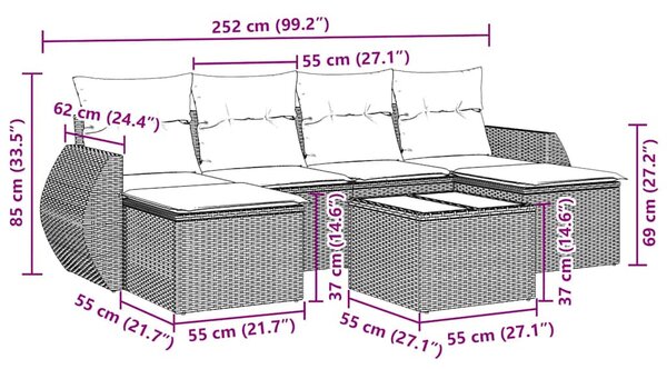 7 részes fekete polyrattan kerti ülőgarnitúra párnával