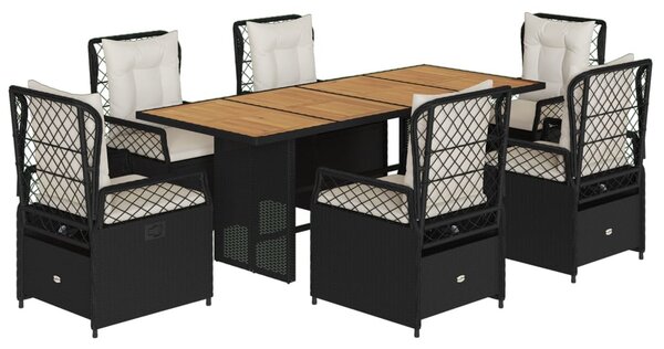 7 részes fekete polyrattan kerti étkezőgarnitúra párnával