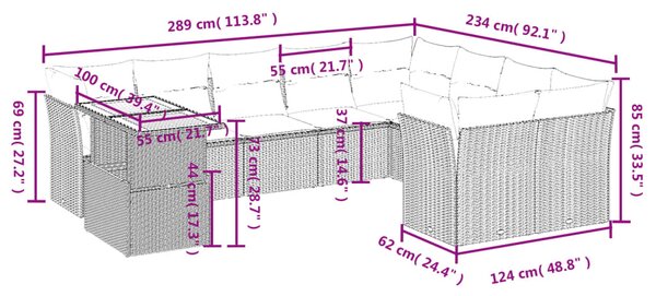 10 részes fekete polyrattan kerti ülőgarnitúra párnákkal