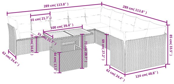 11 részes fekete polyrattan kerti ülőgarnitúra párnákkal