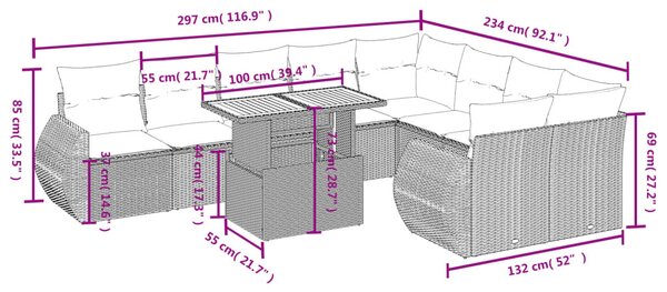 10 részes fekete polyrattan kerti ülőgarnitúra párnákkal