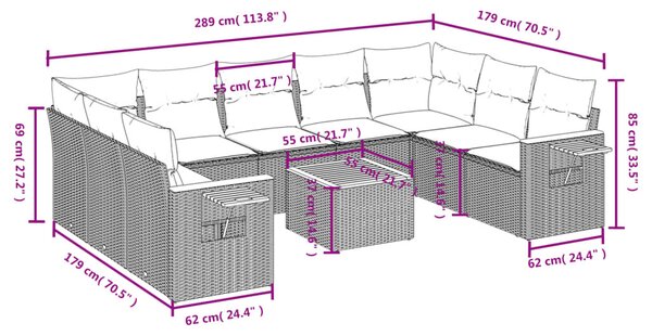 10 részes fekete polyrattan kerti ülőgarnitúra párnákkal