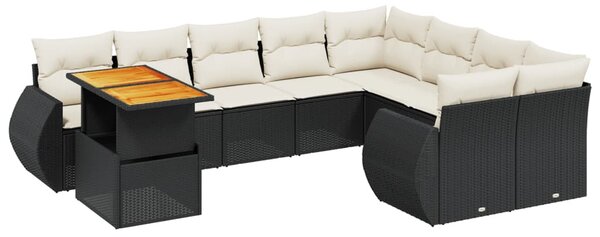 10 részes fekete polyrattan kerti ülőgarnitúra párnákkal