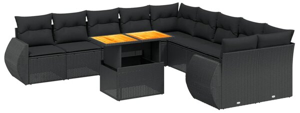 11 részes fekete polyrattan kerti ülőgarnitúra párnákkal