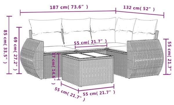 5 részes fekete polyrattan kerti kanapészett párnákkal