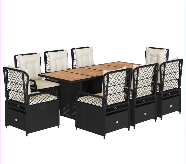 9 részes fekete polyrattan kerti étkezőgarnitúra párnákkal