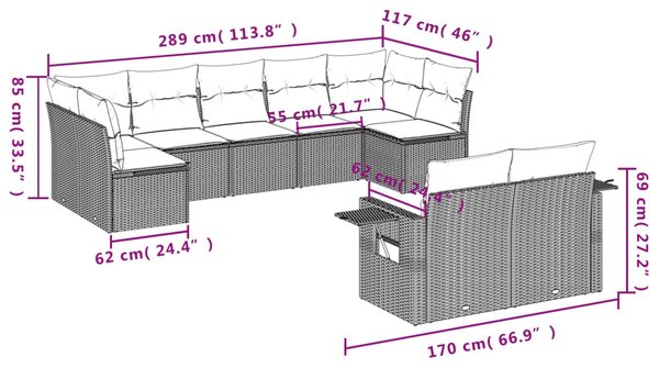 9 részes fekete polyrattan kerti ülőgarnitúra párnákkal