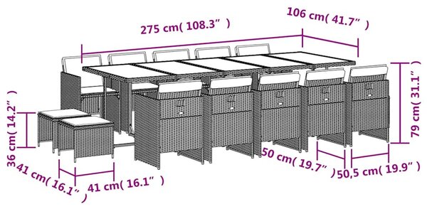 15 részes szürke polyrattan kerti étkezőgarnitúra párnákkal