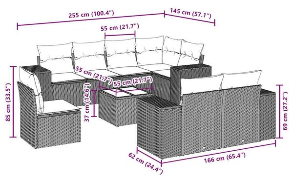 9 részes fekete polyrattan kerti ülőgarnitúra párnákkal