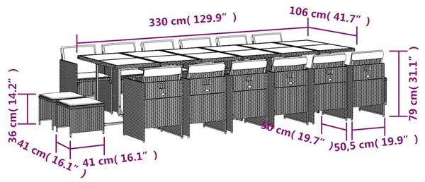 17 részes szürke polyrattan kerti étkezőgarnitúra párnával