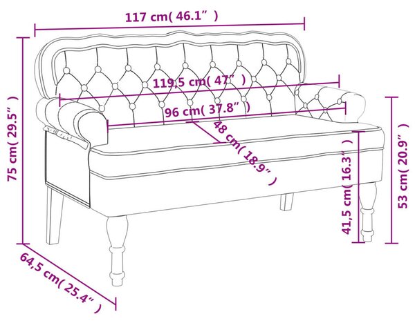 VidaXL sötétszürke bársony pad háttámlával 119,5 x 64,5 x 75 cm