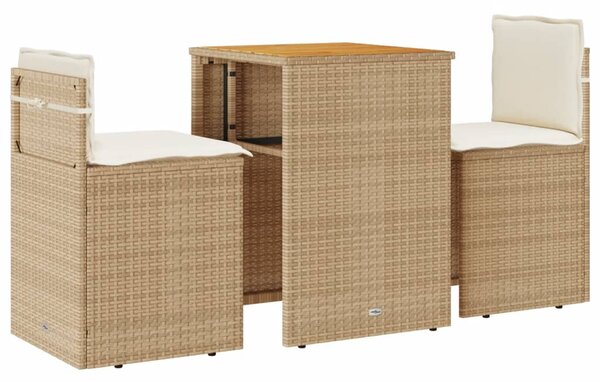 3 részes bézs polyrattan bisztrógarnitúra párnával