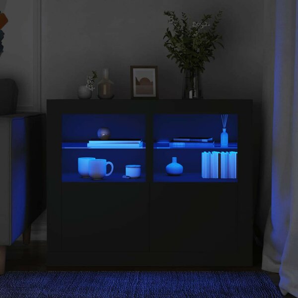 VidaXL 2 db fekete szerelt fa kisszekrény LED-fényekkel