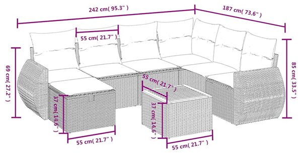 8 részes fekete polyrattan kerti ülőgarnitúra párnákkal