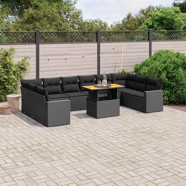 11 részes fekete polyrattan kerti ülőgarnitúra párnákkal