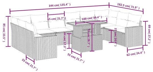 11 részes fekete polyrattan kerti ülőgarnitúra párnákkal