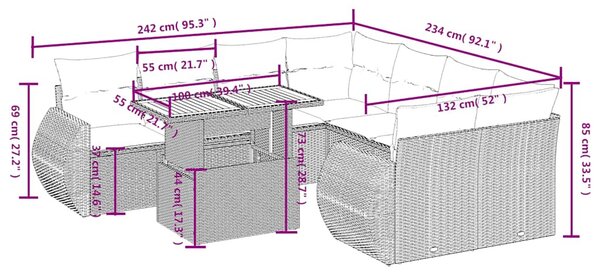 9 részes fekete polyrattan kerti ülőgarnitúra párnákkal