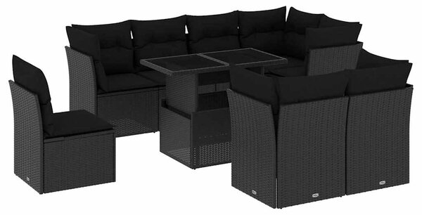 9 részes fekete polyrattan kerti ülőgarnitúra párnákkal