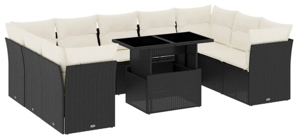 10 részes fekete polyrattan kerti ülőgarnitúra párnákkal