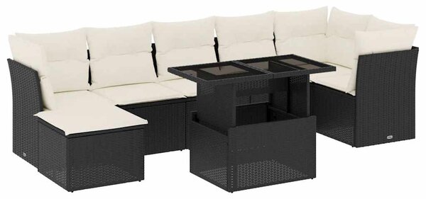 8 részes fekete polyrattan kerti ülőgarnitúra párnákkal