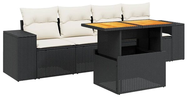 5 részes fekete polyrattan kerti kanapészett párnákkal