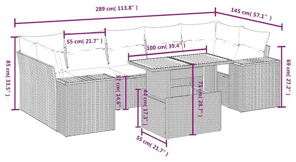 8 részes fekete polyrattan kerti ülőgarnitúra párnákkal