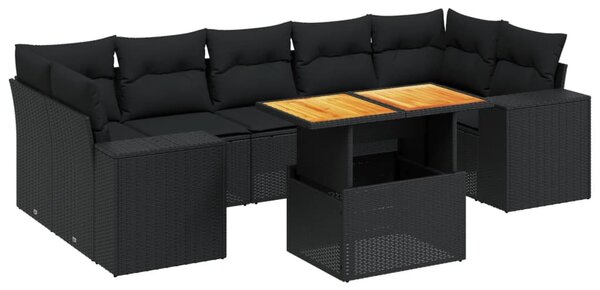 8 részes fekete polyrattan kerti ülőgarnitúra párnákkal