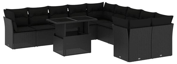 11 részes fekete polyrattan kerti ülőgarnitúra párnákkal
