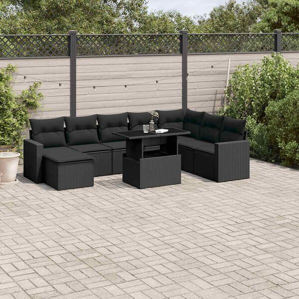 9 részes fekete polyrattan kerti ülőgarnitúra párnákkal