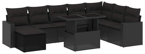 9 részes fekete polyrattan kerti ülőgarnitúra párnákkal