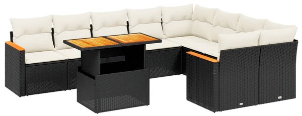 10 részes fekete polyrattan kerti ülőgarnitúra párnákkal