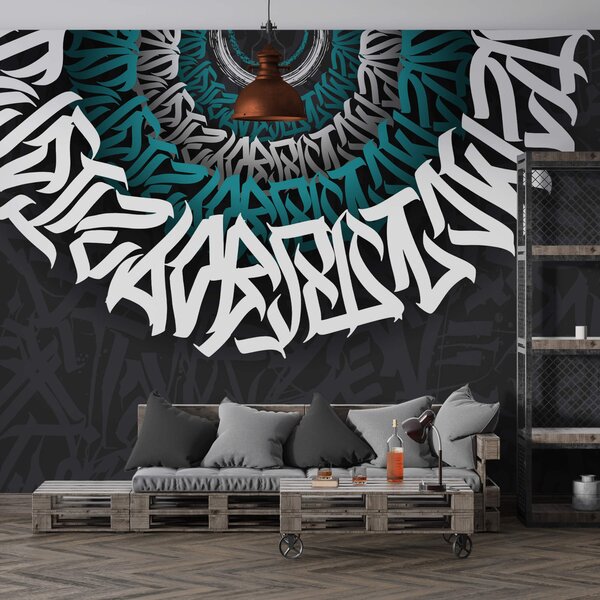 Fotótapéta Fehér és kék graffiti fekete háttéren, Modern fotótapéta, Népszerű fotótapéta, t00012 - Tapeko.hu