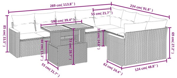10 részes fekete polyrattan kerti ülőgarnitúra párnákkal