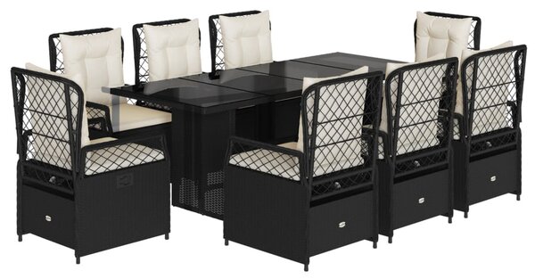 9 részes fekete polyrattan kerti étkezőgarnitúra párnákkal