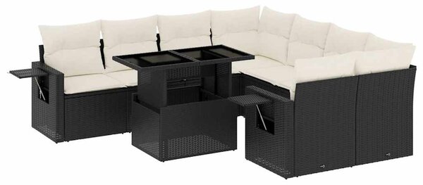 9 részes fekete polyrattan kerti ülőgarnitúra párnákkal