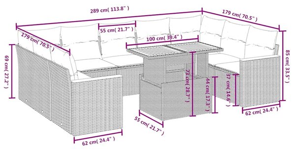 11 részes fekete polyrattan kerti ülőgarnitúra párnákkal