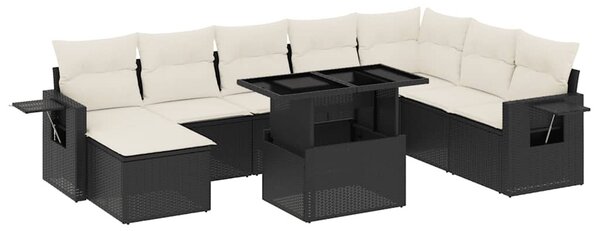 8 részes fekete polyrattan kerti ülőgarnitúra párnákkal