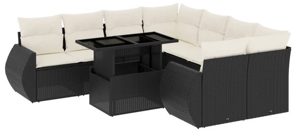 9 részes fekete polyrattan kerti ülőgarnitúra párnákkal