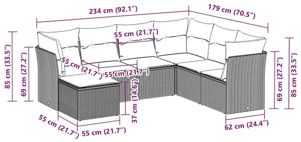 7 részes fekete polyrattan kerti ülőgarnitúra párnával