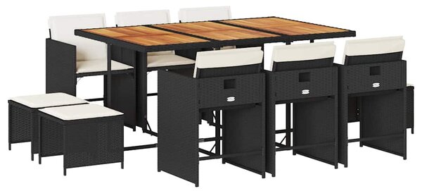 11 részes fekete polyrattan kerti étkezőgarnitúra párnákkal